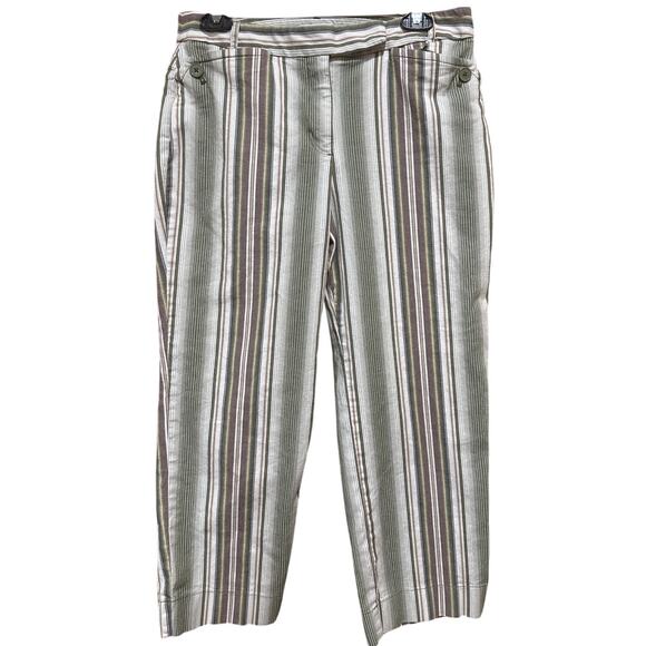 Loft Pants Womens 8 Green Brown White Striped Coastal Cotton Blend Casual Beachy - Picture 1 of 7